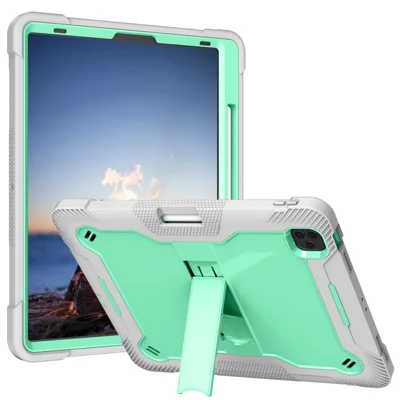 Kickstand Tablet Case for iPad Pro 12.9 (2018) / (2020) / (2021) / (2022) , Silicone + PC Protective Cover with Pencil Holder - Grey+Mint Green