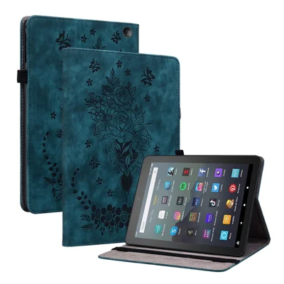 For Amazon Fire 7 (2022) PU Leather Stand Cover Butterfly Rose Imprinted Anti-drop Tablet Case with Card Slots - Blue