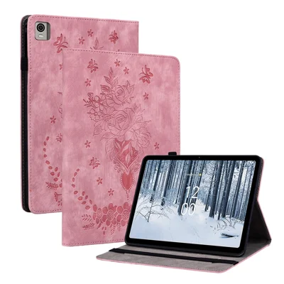 Stand Leather Tablet Cover for Nokia T21 , Card Slots Imprinted Tablet Case with Elastic Band Design - Pink