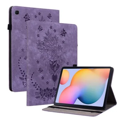 For Samsung Galaxy Tab S6 Lite (2024) / S6 Lite (2022) / S6 Lite (2020) Butterfly Rose Imprinted Leather Stand Case Card Holder Tablet Cover - Purple