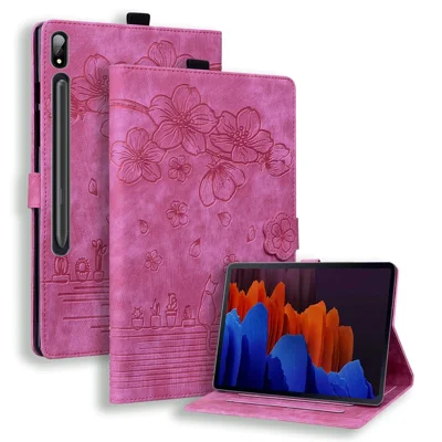 Cover in pelle con supporto e fessure per carte per tablet Samsung Galaxy Tab S9 Ultra / S8 Ultra, motivo fiore e gatto stampato - Rosa