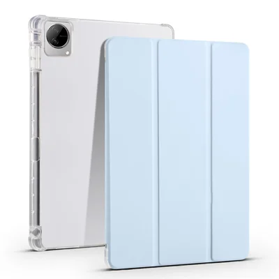 For vivo Pad Tri-Fold Stand PU Leather Case Transparent Back Protective Tablet Cover with Pencil Holder - Baby Blue