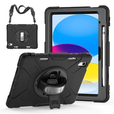 Capa com Suporte Resistente a Choques para iPad (2025) / 10,9 (2022) PC+Silicone com Alça de Ombro - Preto
