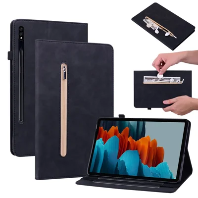 For Samsung Galaxy Tab S10+ / S9+ PU Leather Tablet Case Zipper Pocket Card Slots Wallet Stand Cover - Black