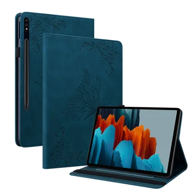 Funda antideslizante para tablet Samsung Galaxy Tab S10+ / S9+, funda con diseño de mariposa y flores en cuero PU, con ranuras para tarjetas y soporte - Azul oscuro