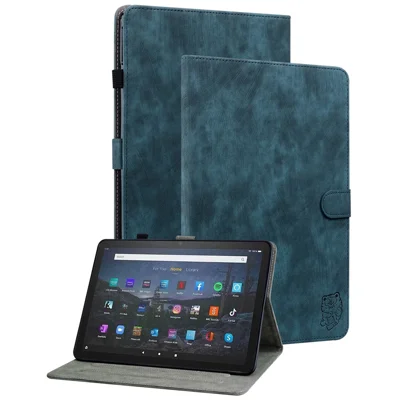 For Amazon Fire Max 11 Anti-Slip Stand Cover PU Leather Cute Tiger Pattern Card Slots Tablet Case - Dark Blue