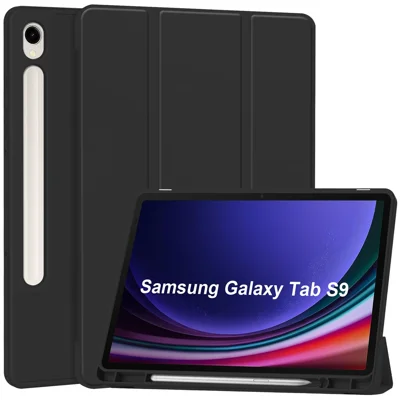 Étui de support pliable en trois pour Samsung Galaxy Tab S9, housse de tablette en cuir PU avec réveil / veille automatique et fente pour stylet - Noir