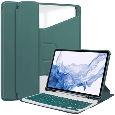 For Samsung Galaxy Tab S9 Tablet Case 360-Degree Rotating Stand Leather+Acrylic Cover with Wireless Keyboard - Blackish Green