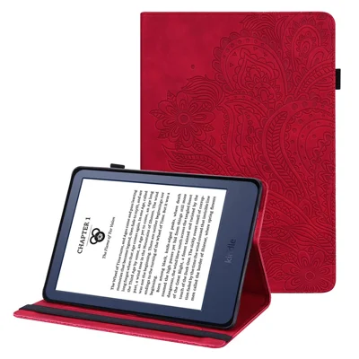 Capa de Leitor de E-Books em Pele Sintética com Padrão Estampado, Suporte e Porta-cartões para Amazon Kindle de 6 polegadas (2024) / (2022) - Vermelho