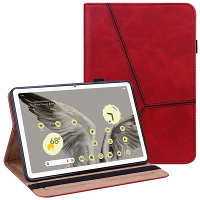 Line Imprinted Anti-Dorp PU Case for Google Pixel Tablet Shockproof Cover with Card Slots - Red