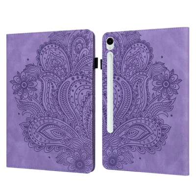 Étui en cuir PU avec porte-cartes pour tablette Samsung Galaxy Tab S10 FE / S9 FE / S9, motif floral avec support intégré - Violet
