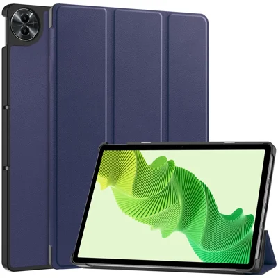 For Realme Pad 2 Trifold Stand Tablet Case PU Leather Full Protection Cover - Dark Blue