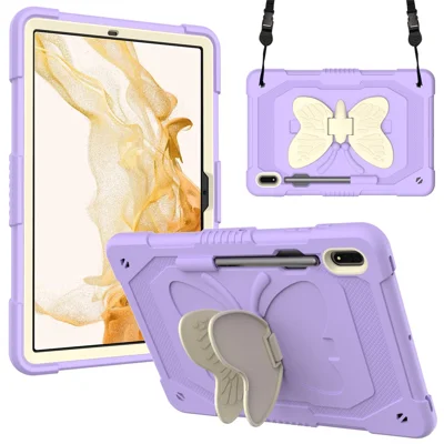 Stødfast tabletbeskyttelse til Samsung Galaxy Tab S9+ silikone + PC som beskytter med foldbar stativformet som en sommerfugl og skulderrem - beige / lilla