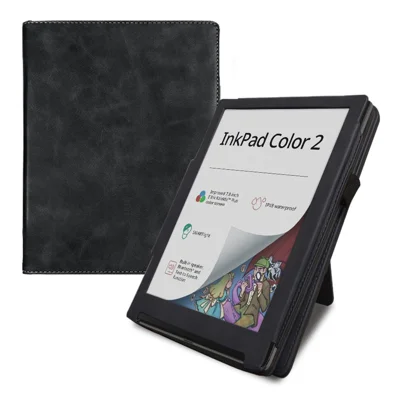 E-Book Magnetic Protective Cover for Pocketbook InkPad Color 2 PB743 , PU Leather Hand Strap Kickstand Case - Black