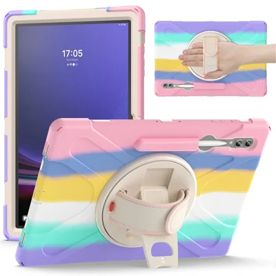 For Samsung Galaxy Tab S10 Ultra X920 / S9 Ultra X910 / S8 Ultra X900 / X906 PC+Silicone Kickstand Tablet Case with Hand Band - Colorful Pink