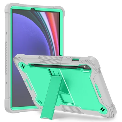 Kickstand Case for Samsung Galaxy Tab S10 FE / S9 FE / S9 Fall Protection Silicone + PC Tablet Cover - Grey+Mint Green