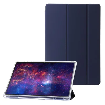 For Samsung Galaxy Tab S9+ Tri-fold Stand Smart Cover PU Leather+Acrylic+TPU Transparent Tablet Case - Dark Blue