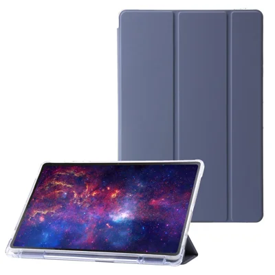 For Samsung Galaxy Tab S9 Ultra Tri-fold Stand Folio Smart Case PU Leather+Acrylic+TPU Clear Tablet Cover - Purple