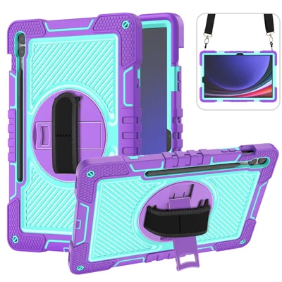 Protective Kickstand Case for Samsung Galaxy Tab S9+ Anti-Drop Silicone+PC Tablet Cover with Wrist Band / Shoulder Strap - Purple+Mint Green