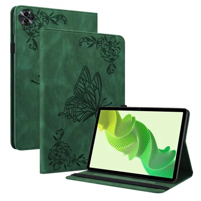 Tablet Case for Realme Pad 2 PU Leather Cover Butterfly Flower Imprinted Card Holder Shell - Green