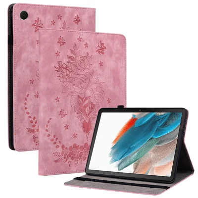 Para Samsung Galaxy Tab A9 Capa de Couro PU Borboleta Rosa Impressão Porta-Cartões Caixa de Tablet - Rosa
