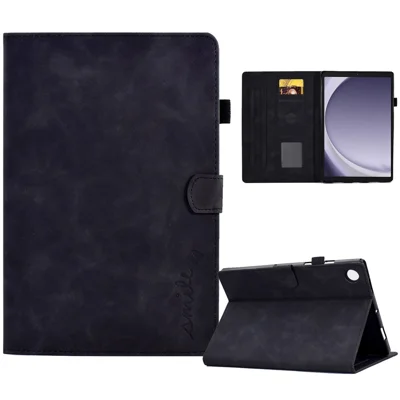 For Samsung Galaxy Tab A11 / A9 Smile Imprinted Case Microfiber Leather Card Holder Smart Tablet Cover - Black