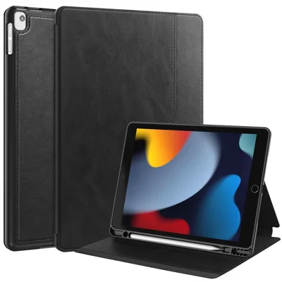 غطاء لجهاز iPad 10.2 (2019) / (2020) / (2021) من جلد PU مع حامل وإيقاظ تلقائي / وظيفة النوم، غطاء لوحي مع حامل بطاقات - أسود