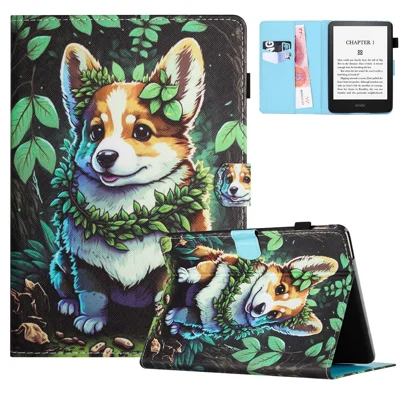 Ledertasche mit Musterdruck für Amazon Kindle 11. (2024) / 6" (2022), E-Reader-Hülle im Portemonnaie-Stil – Corgi
