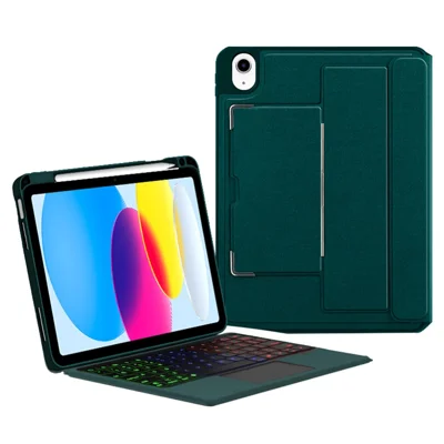 For iPad (2025) / 10.9 (2022) Leather Case + Bluetooth-Compatible Keyboard with Backlight Trackpad - Green