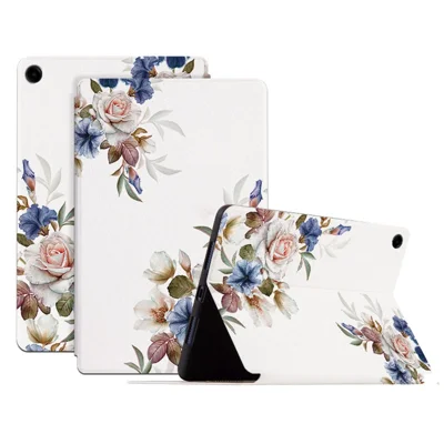 For Samsung Galaxy Tab A9+ PU Leather Case Pattern Printing Smart Tablet Cover - White Flower Bush