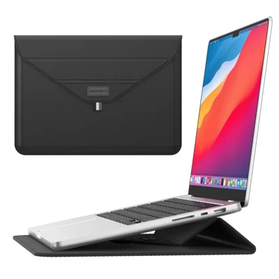 15 Inch Laptop Sleeve Case with Stand Feature PU Leather Storage Bag Slim Envelope - Black