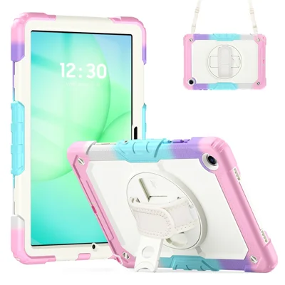 Étui avec support pivotant et armure de protection pour Samsung Galaxy Tab A11+ / A9+, housse pour tablette avec sangle d'épaule - Rose coloré