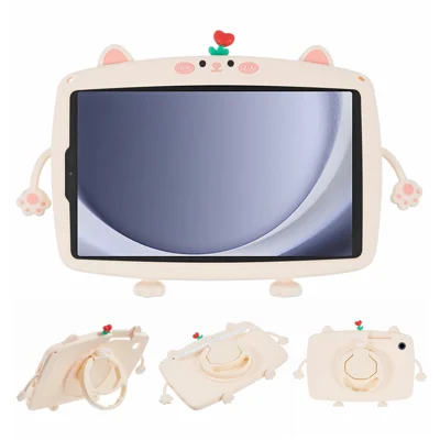 For Samsung Galaxy Tab A9 Case Cartoon Cat Tablet Silicone Cover with 360 Degree Rotation Kickstand
