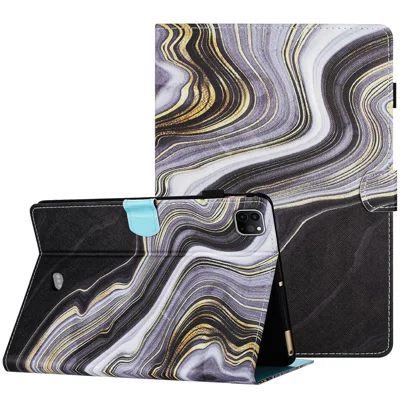 For iPad Pro 11 (2018) / (2020) / (2021) / (2022) / iPad Air (2020) / (2022) Case PU Leather Smart Cover - Black+Gold Marble