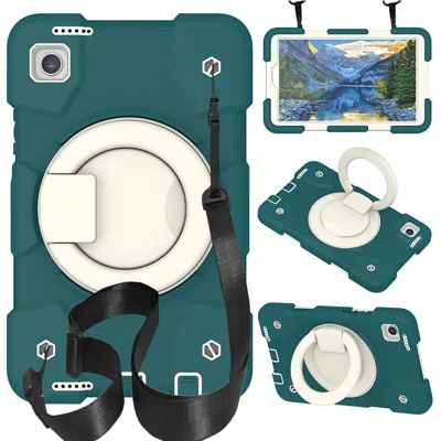 For Samsung Galaxy Tab A9 Case PC+Silicone Ring Kickstand Tablet Cover with Shoulder Strap - Blackish Green