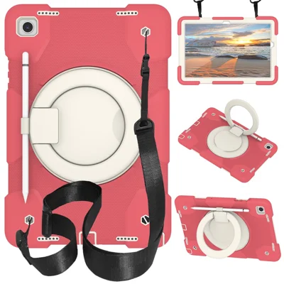 For Samsung Galaxy Tab A9+ Case Scratch-proof PC+Silicone Tablet Cover with Ring Kickstand - Begonia Red