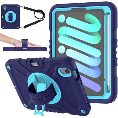 X-Shaped Series for iPad mini (2024) / mini (2021) Tablet Case Kickstand Rugged Cover with Shoulder Strap - Navy Blue+Sky Blue