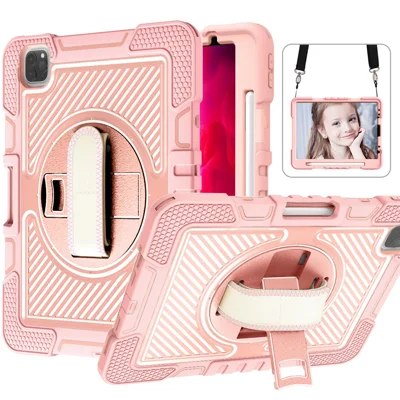 For iPad Air (2020) / (2022) / iPad Pro 11 (2018) / (2020) / (2021) / (2022) Tablet Kickstand Case with Shoulder Strap - Rose Gold