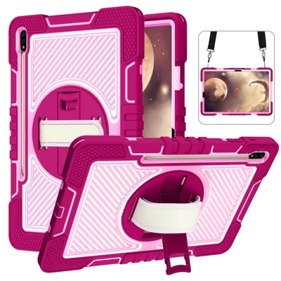 For Samsung Galaxy Tab S7 / S8 Crossbody Tablet Case Shoulder Strap Rotary Kickstand - Rose+Pink