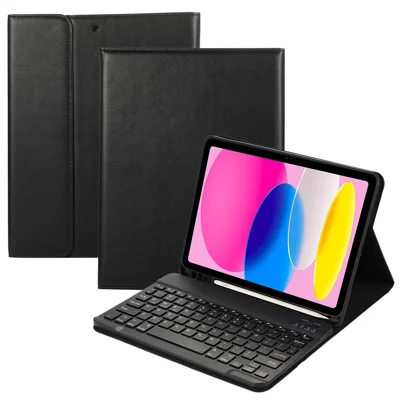 For iPad (2025) / 10.9 (2022) Detachable Bluetooth-Compatible Keyboard Leather Tablet Stand Case Cover - Black