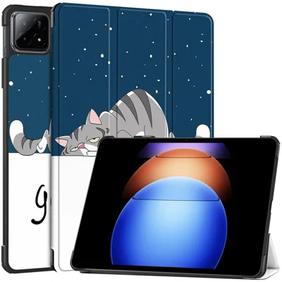 For Xiaomi Pad 6S Pro 12.4 Leather Case Trifold Stand Pattern Printing Tablet Cover - Cat