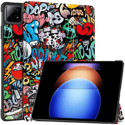 For Xiaomi Pad 6S Pro 12.4 Leather Case Trifold Stand Pattern Printing Tablet Cover - Graffiti