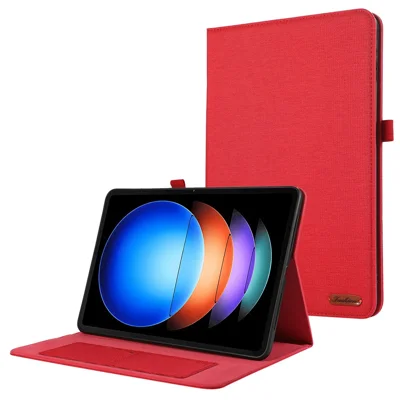 For Xiaomi Pad 6S Pro 12.4 Case Cloth Texture Leather Tablet Stand Cover with Card Holder - Red