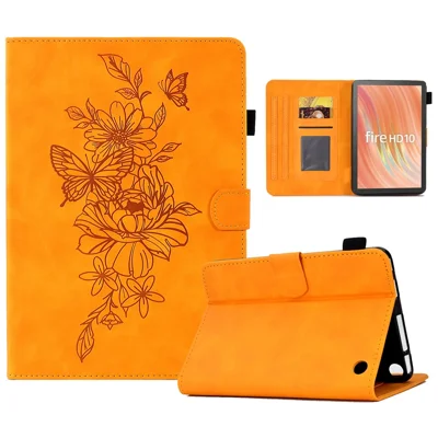 A7 For Amazon Fire HD 10 (2023) Tablet Case Flower Butterfly Imprinted Leather Cover with Card Slots - Khaki