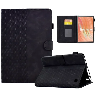A6 For Amazon Fire HD 10 (2023) Leather Case Block Pattern Imprinted Card Slots Tablet Cover - Black