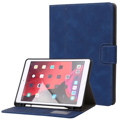 For iPad 10.2 (2021) / (2019) / (2020) / Air 10.5 inch (2019) Case Wallet Calf Texture Tablet Cover with Pens Slot - Dark Blue
