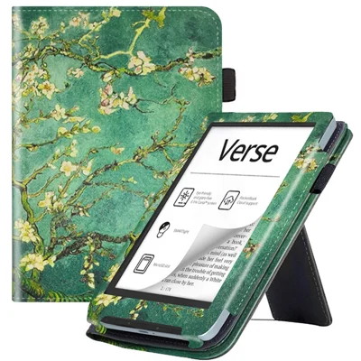 For PocketBook Verse PB629 E-Reader Case Kickstand PU Leather Flip Cover Support Auto Wake / Sleep - Plum Blossom / Green
