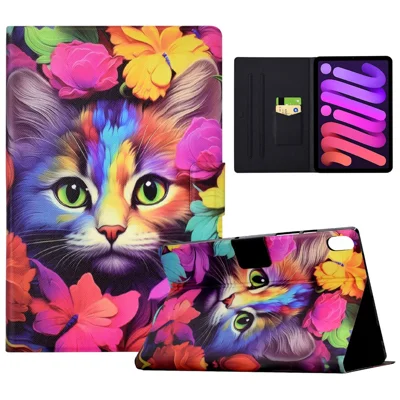 For iPad mini (2024) / mini (2021) Case PU Leather Card Slots Tablet Cover with Auto Wake / Sleep - Rose Cat