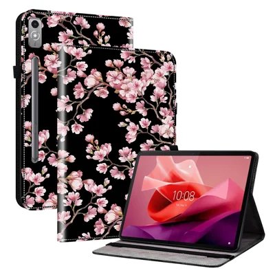 Fodral till Lenovo Tab P12 med mönstertryck, kortfack, vikbar ställfot - Plommonblom