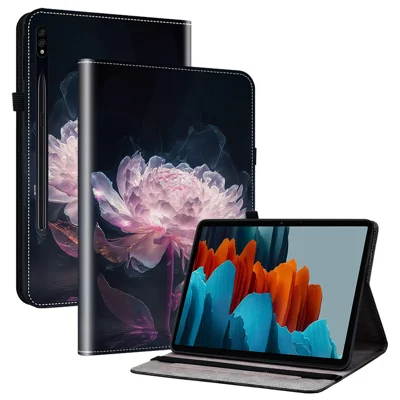 For Samsung Galaxy Tab S7+ / S7 FE / S8+ Case PU Leather Flip Cover Pattern Printing Anti-Drop Tablet Shell - Purple Peony